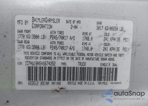 2004 Dodge Ram 1500 Slt/Laramie z USA, uszkodzony, nr VIN 1D7HU18N54S674352